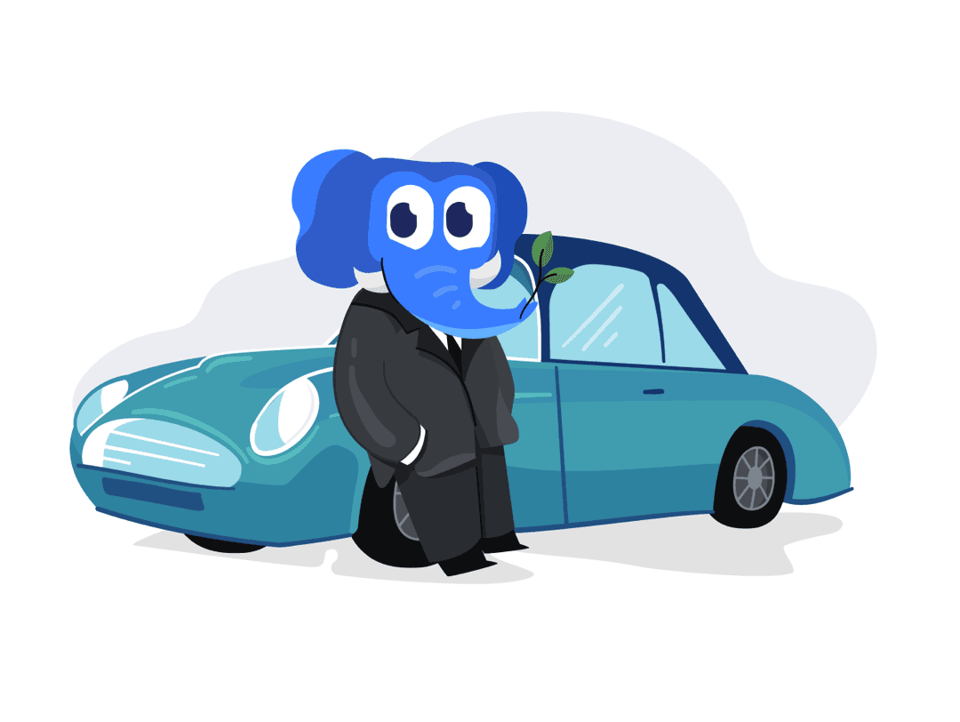 Stud, the elephant in a business suit standing next to a teal car